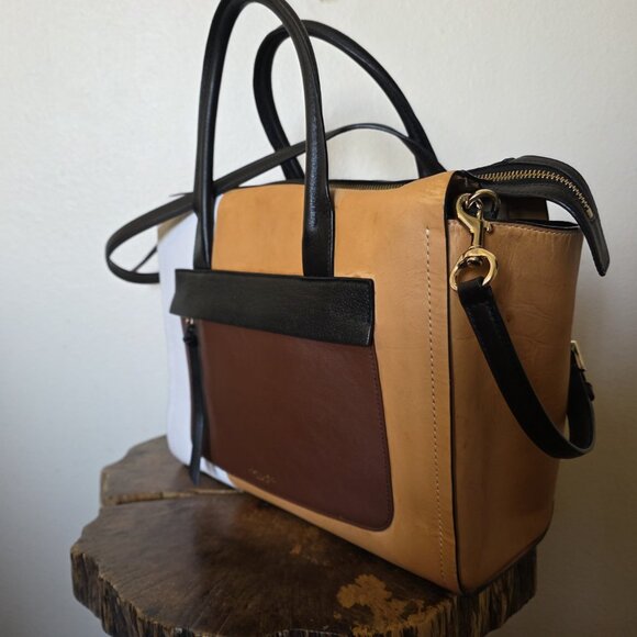 Coach Bleecker Riley 30150 Colorblock Leather Satchel Tote Bag Tan Black White - Picture 12 of 16